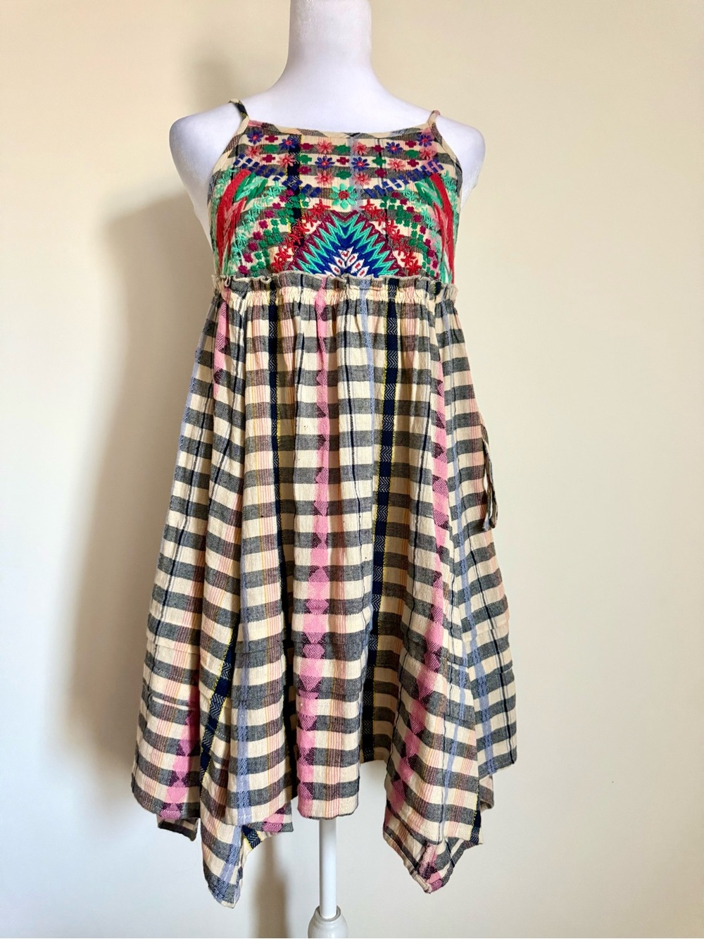 Urban Outfitters Embroidered Yoke Plaid Mini Dress size small 100% cotton